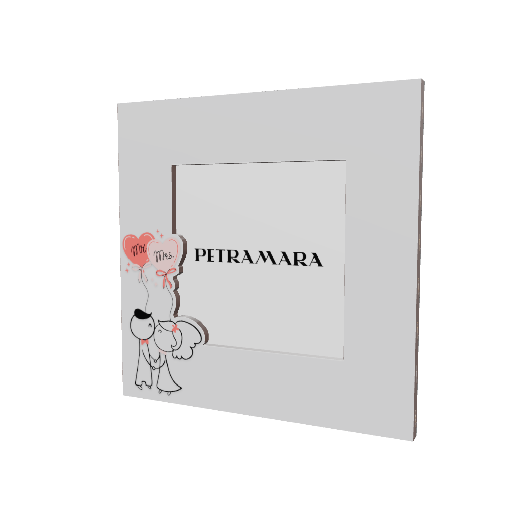 Modello 3D portafoto legno bianco con coppia sposi a tratto nero, palloncini cuore corallo con scritte Mr e Mrs e fiocchi rosa, regalo matrimonio