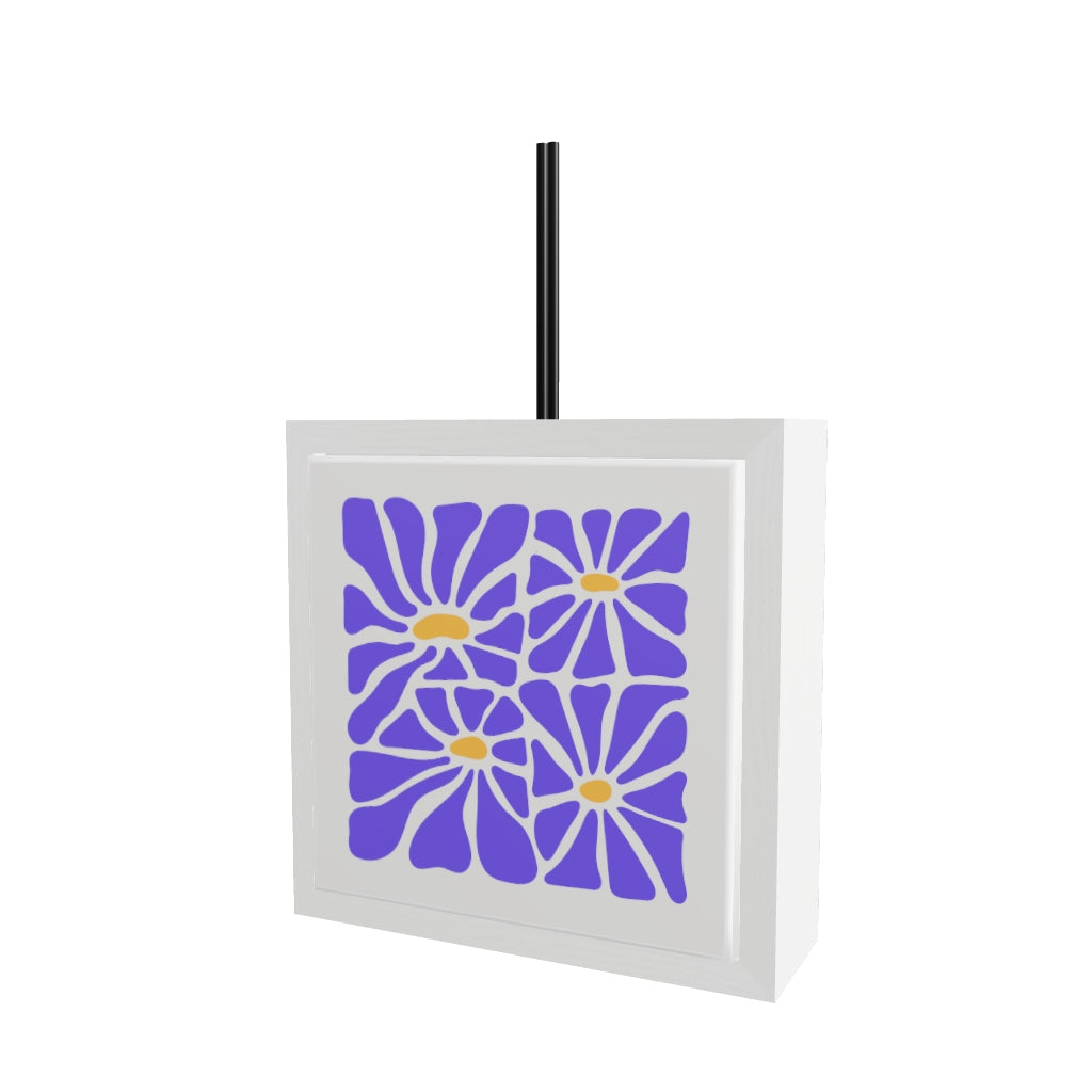 Modello 3D profumatore ceramica bianco con pattern di margherite blu cobalto e centri arancioni su sfondo bianco, bastoncini neri