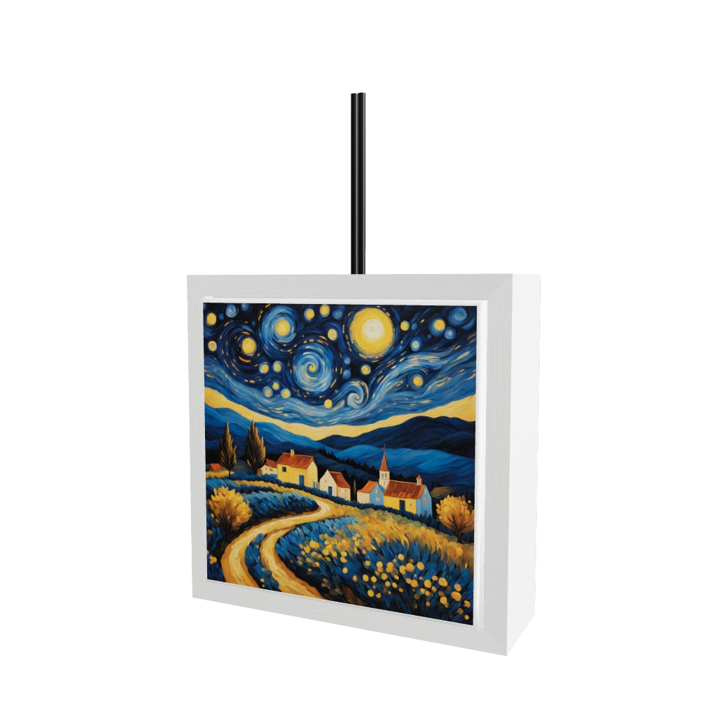 Modello 3D profumatore ceramica bianco con piastrella paesaggio notturno, cielo stellato blu vorticoso stile Van Gogh, luna dorata e villaggio rustico, reed neri
