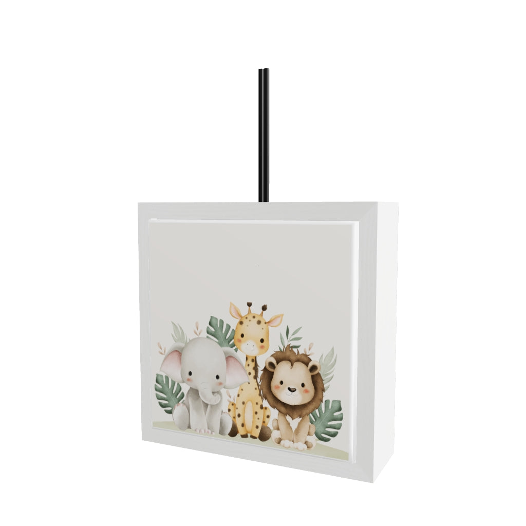 Modello 3D profumatore ceramica bianco con cuccioli savana acquerello: elefantino, giraffa, leopardo e leone tra foglie tropicali