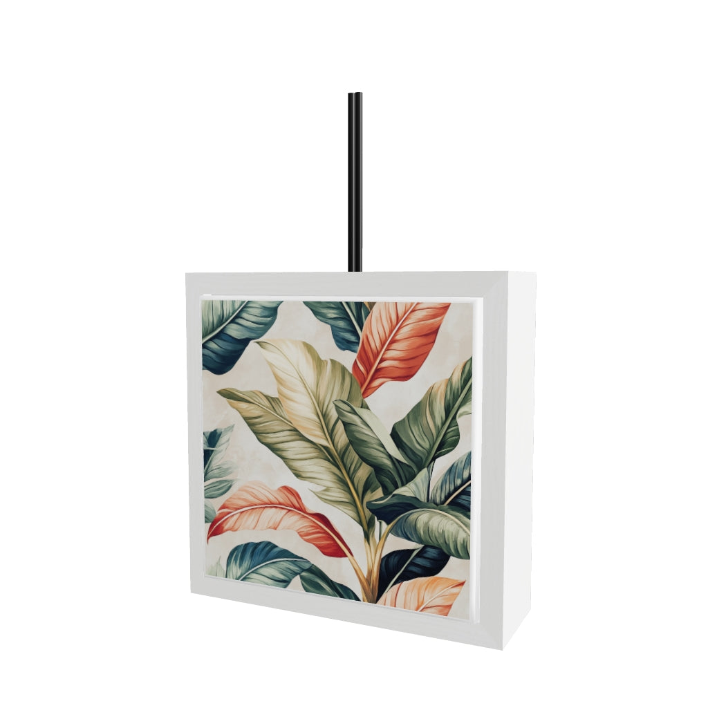 Modello 3D profumatore ceramica bianco con piastrella botanica, foglie tropicali in verde teal, corallo e crema su sfondo beige chiaro, bastoncini reed neri