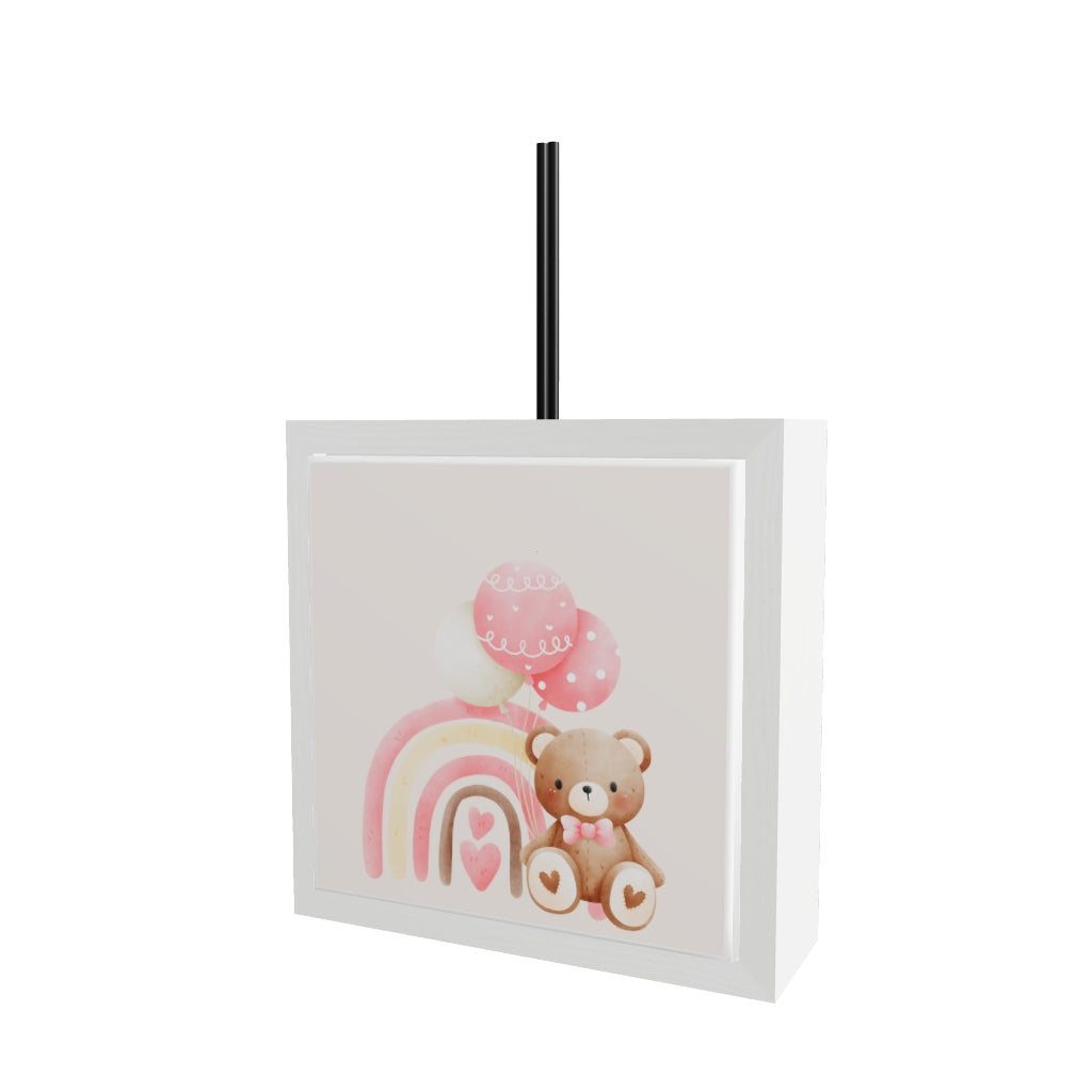 Modello 3D profumatore ceramica bianco con orsetto marrone su arcobaleno rosa, palloncini a cuore rosa e bastoncini diffusori neri