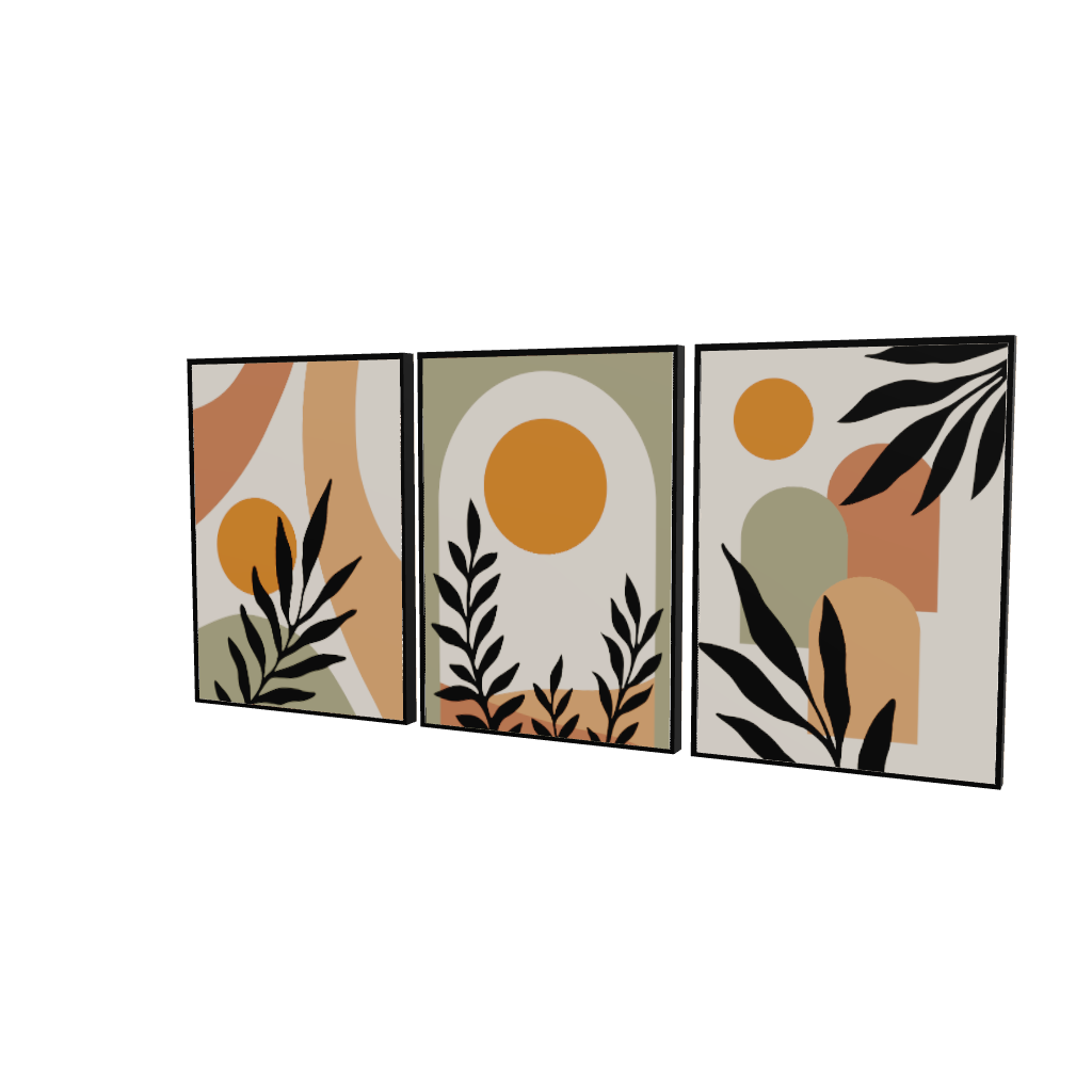 Modello 3D tris quadri a tre pannelli affiancati: sole ocra, archi beige/terracotta e foglie nere su sfondo chiaro.