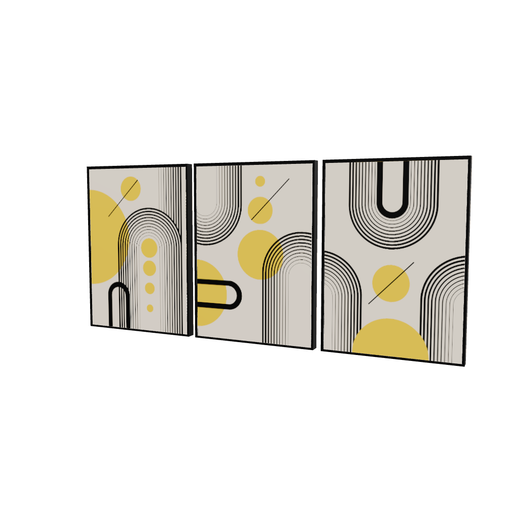 Modello 3D tris quadri a tre pannelli affiancati: archi concentrici neri, cerchi gialli e linee oblique su fondo beige retrò.