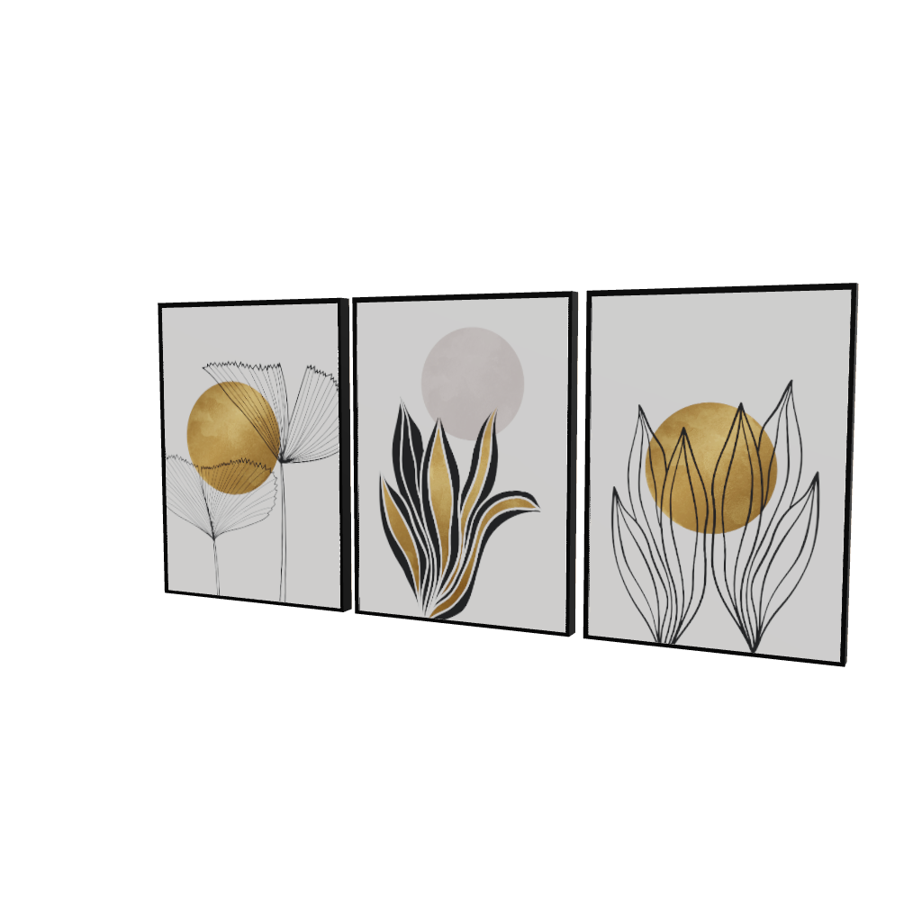 Modello 3D tris quadri a tre pannelli affiancati: botanica a linee nere con cerchi oro materici e foglie con inserti oro.