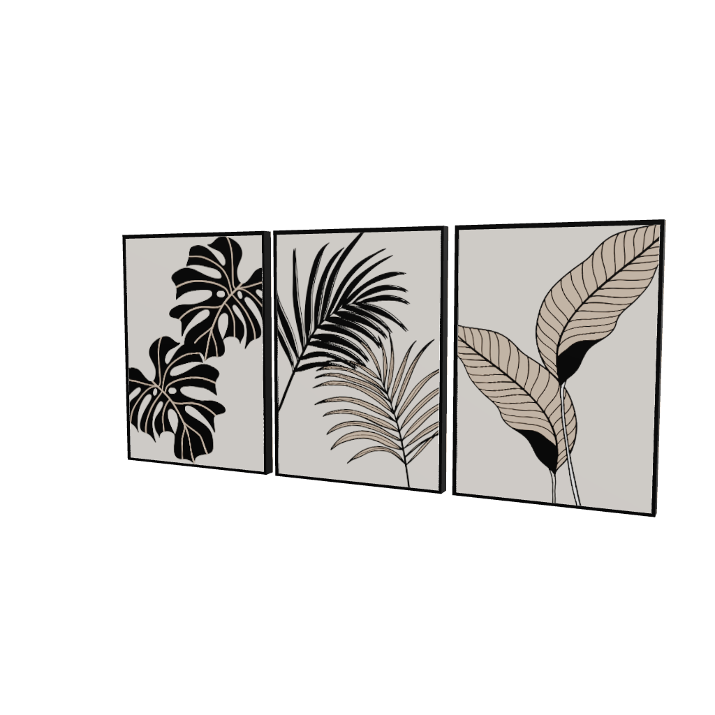 Modello 3D tris quadri a tre pannelli affiancati: monstera nera, fronde di palma e foglie beige a righe su fondo neutro.