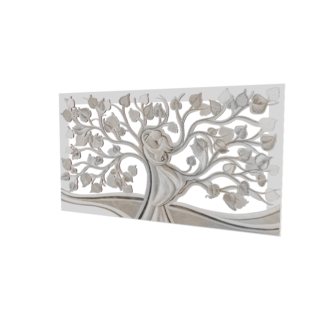 Modello 3D di quadro in legno intagliato, vista frontale: albero della vita, rami e foglie, coppia abbracciata al tronco su base arcuata.