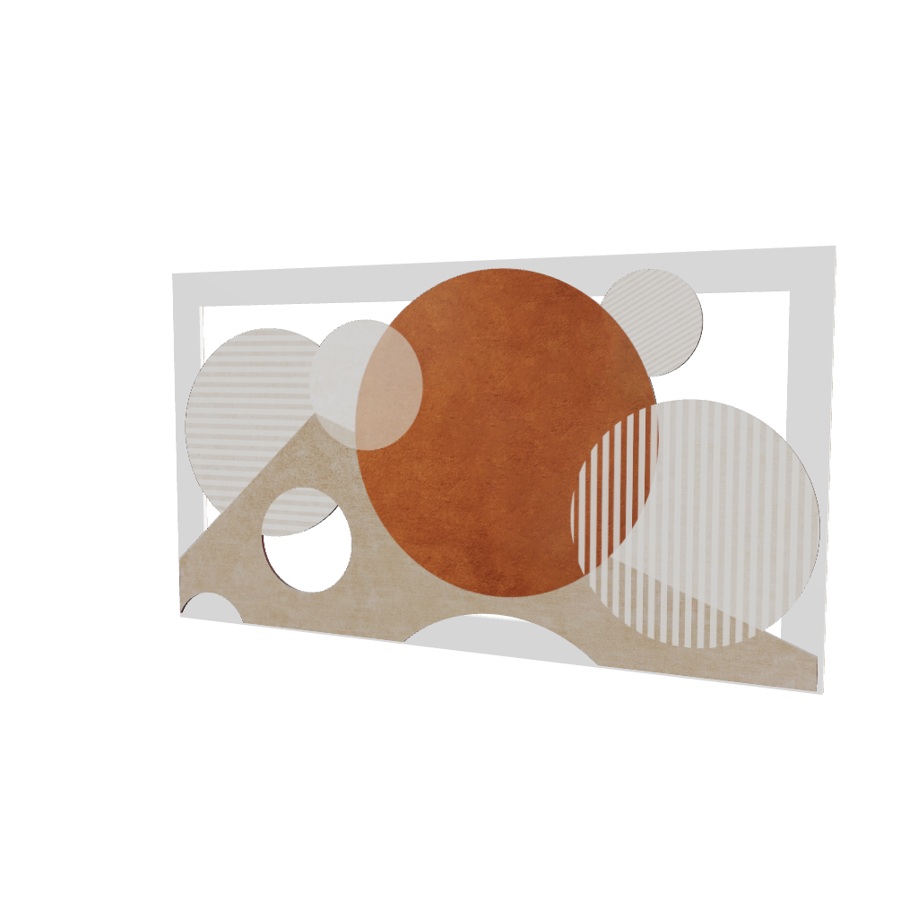 Modello 3D di quadro in legno intagliato, vista frontale: cerchi sovrapposti e intaglio a mezzaluna su base ad arco, incorniciato.