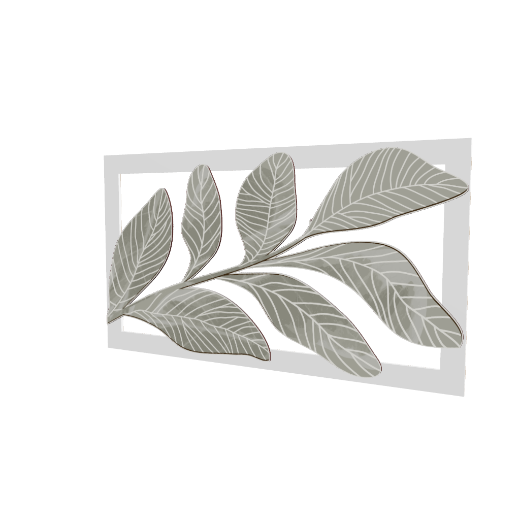 Modello 3D di quadro in legno intagliato, vista frontale: foglie ampie sovrapposte con nervature curve in rilievo dentro cornice rettangolare.