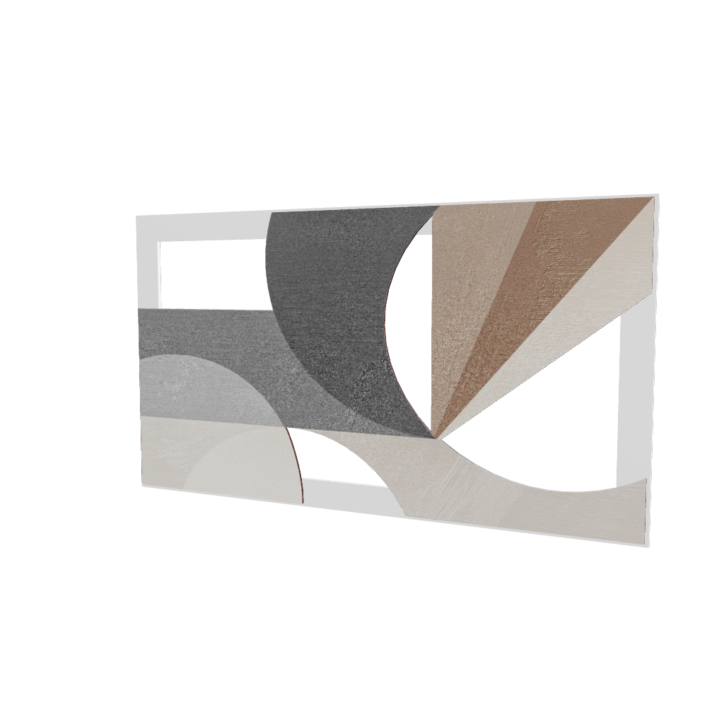 Modello 3D di quadro in legno intagliato, vista frontale: composizione geometrica con semicerchio, triangolo e tagli rettangolari in cornice.