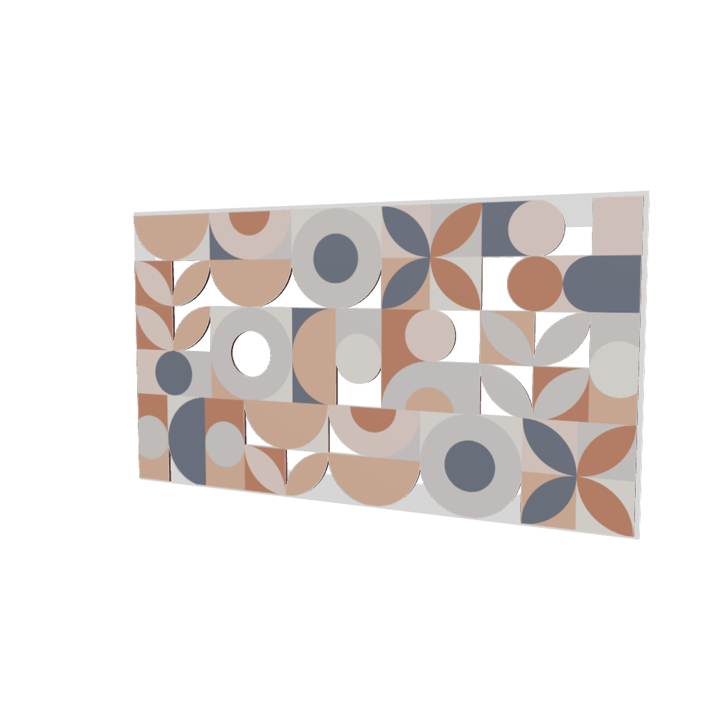 Modello 3D di quadro in legno intagliato, vista frontale: mosaico geometrico con cerchi, semicircoli e petali sovrapposti in tonalità calde e neutre.