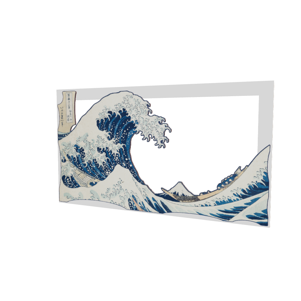 Modello 3D di quadro in legno intagliato, vista frontale: grande onda marina con creste dinamiche, barca e monte sullo sfondo, ispirazione giapponese.