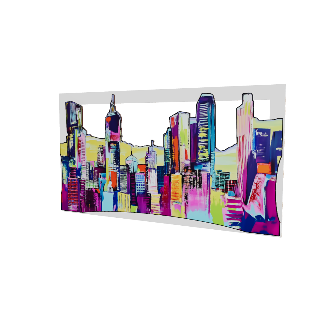 Modello 3D di quadro in legno intagliato, vista frontale: skyline urbano con grattacieli irregolari, colori vivaci e contrasti marcati.