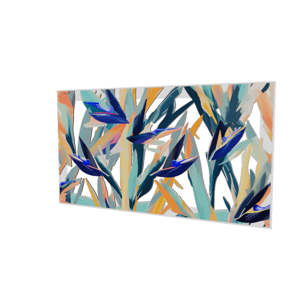 Modello 3D di quadro in legno intagliato, vista frontale: fiori esotici con foglie allungate e petali angolati, composizione dinamica e colorata.