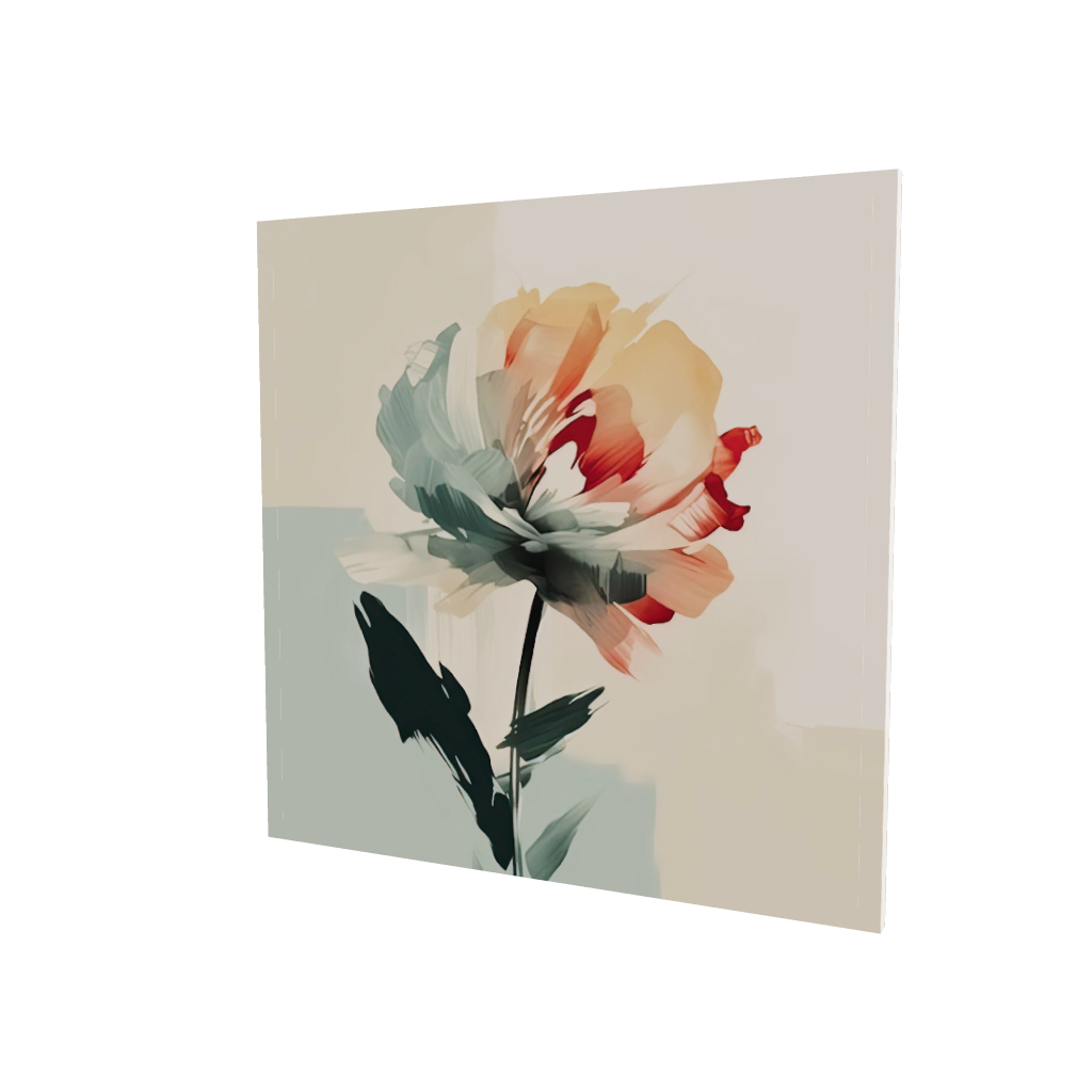 Modello 3D di quadro su tela con grande fiore astratto dai petali morbidi in tonalità crema, verde e corallo