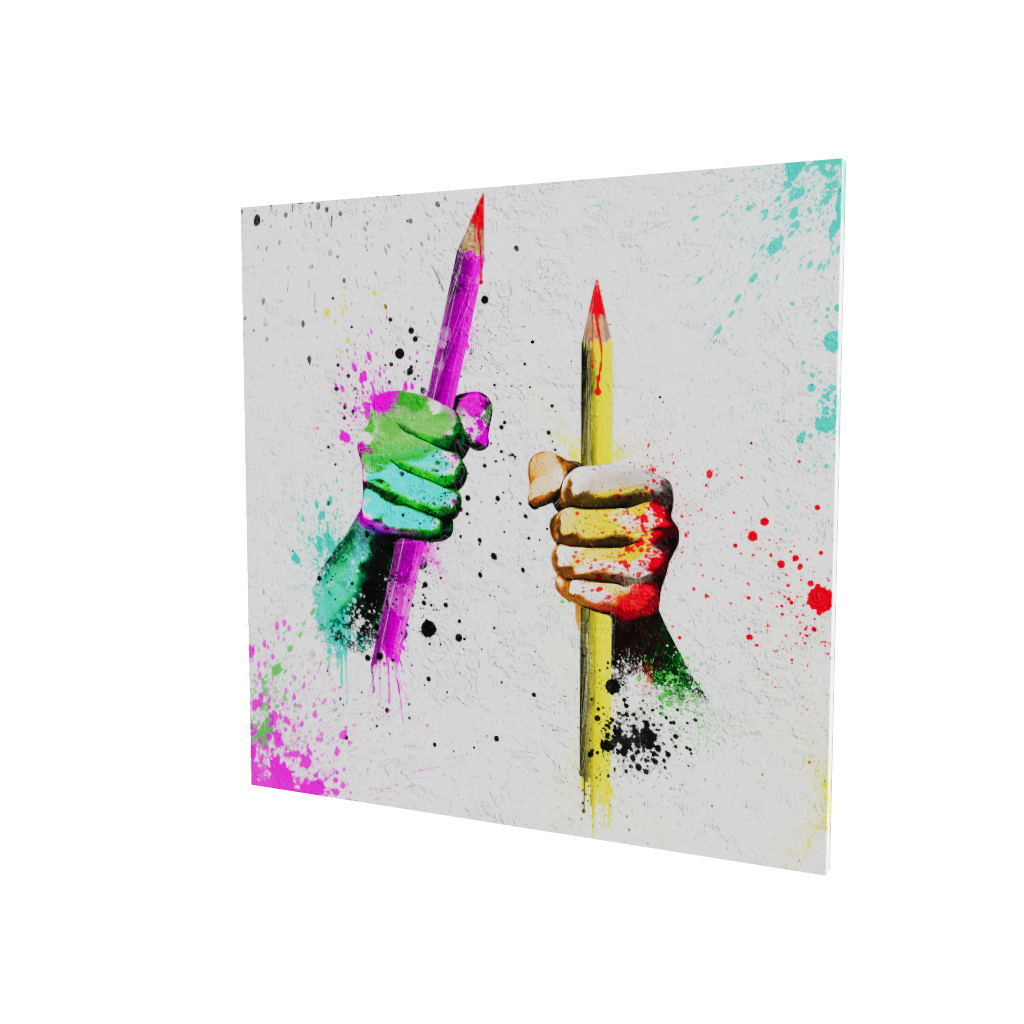 Modello 3D di quadro su tela con due mani che stringono matite colorate, schizzi di vernice vivaci su fondo bianco