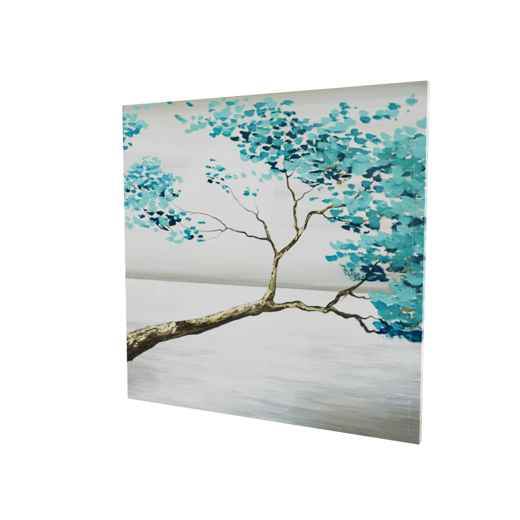 Modello 3D di quadro su tela con ramo sospeso e foglie azzurre su paesaggio acquatico chiaro