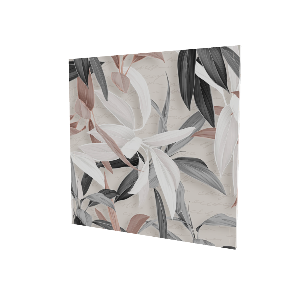 Modello 3D di quadro su tela con foglie grandi bianco perla e grigio antracite, dettagli rosa tenue su sfondo con calligrafia