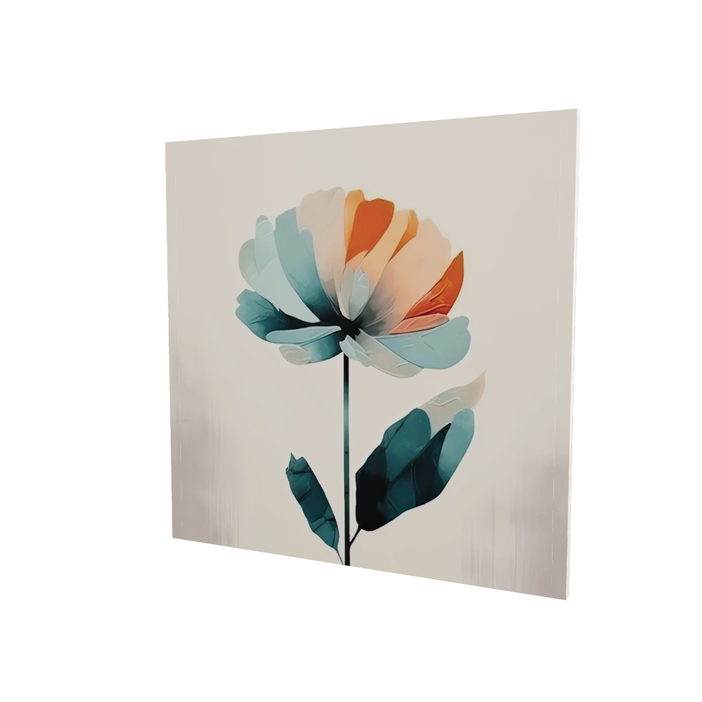 Modello 3D di quadro su tela con fiore moderno dai petali turchesi e arancio su sfondo crema sfumato, composizione minimal