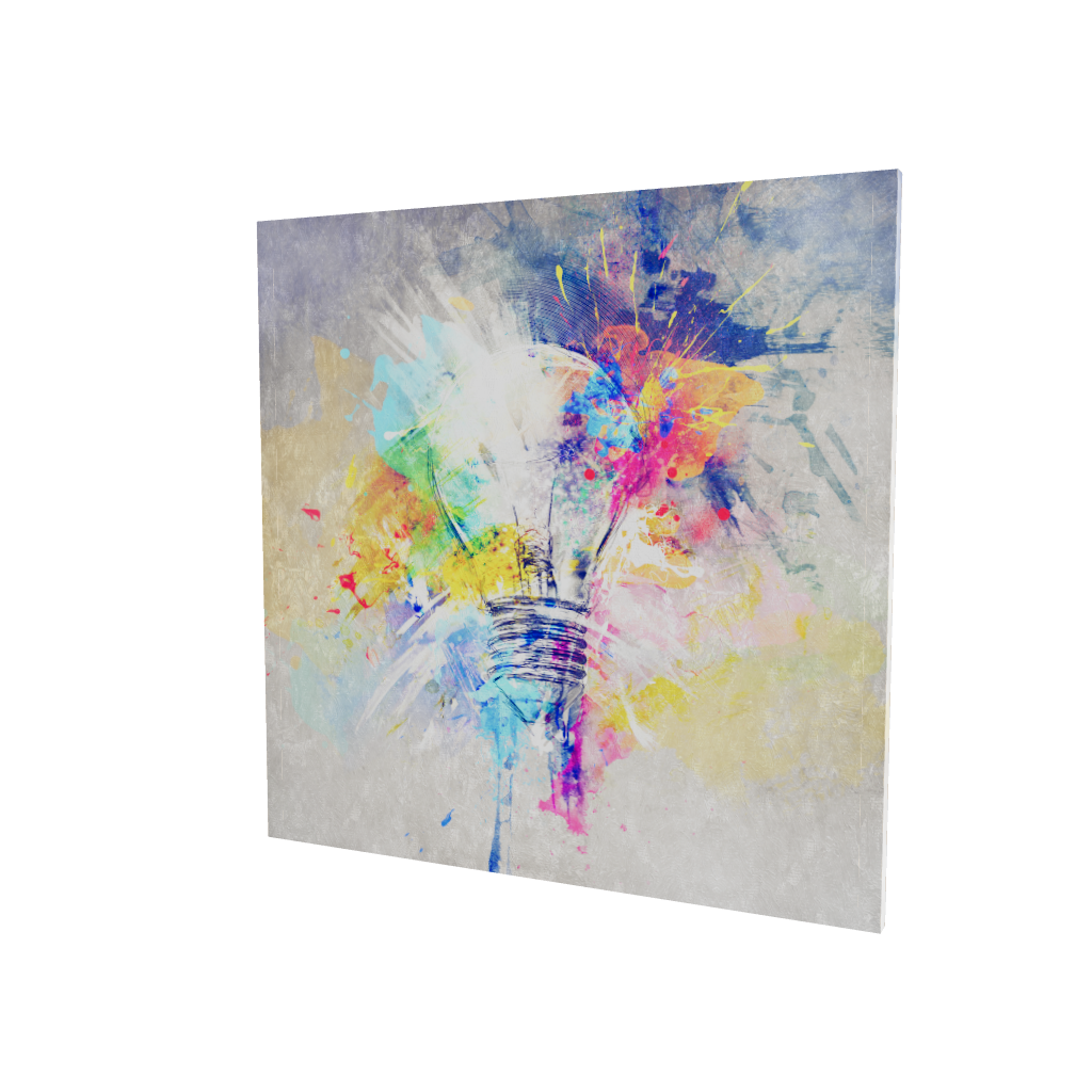 Modello 3D di quadro su tela con lampadina disegnata e esplosione di colori a schizzi su fondo grigio materico