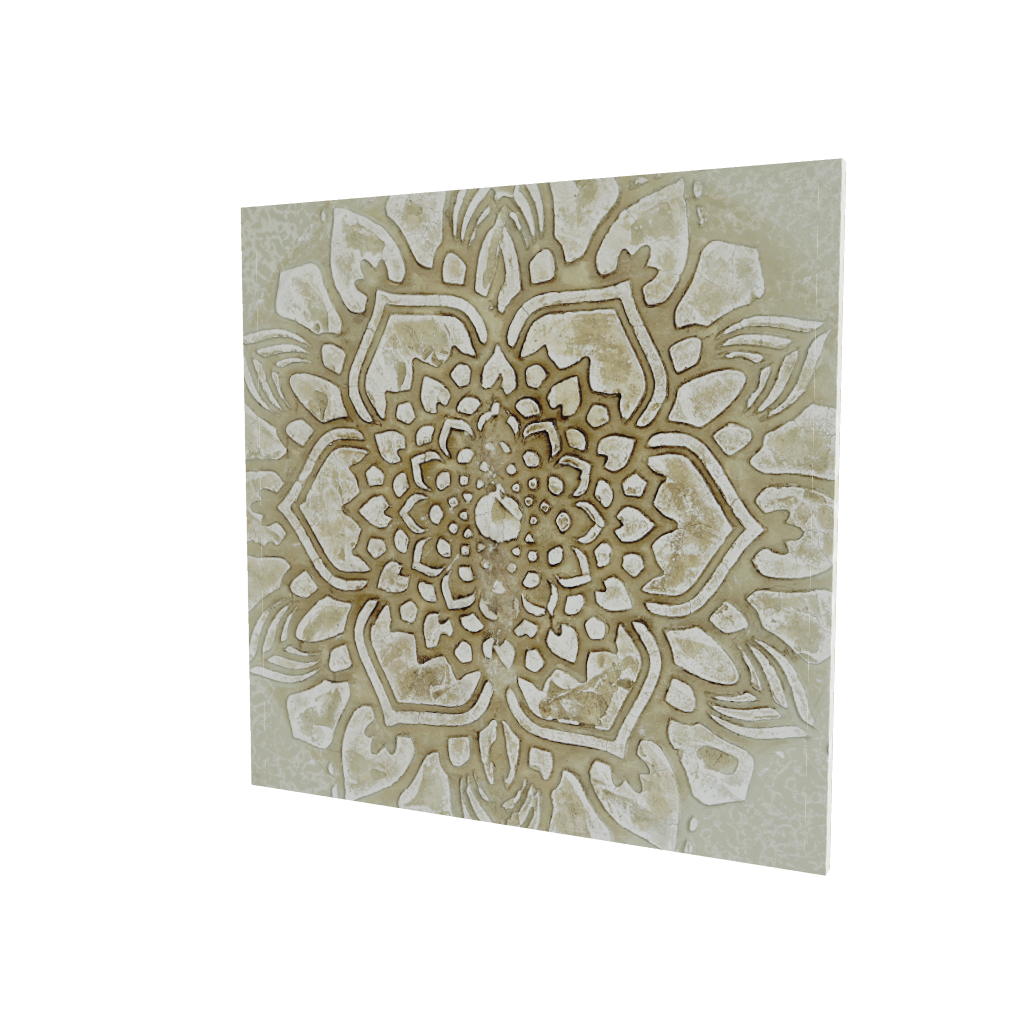 Modello 3D di quadro su tela con mandala centrale inciso color sabbia e avorio, texture effetto pietra su tonalità tortora