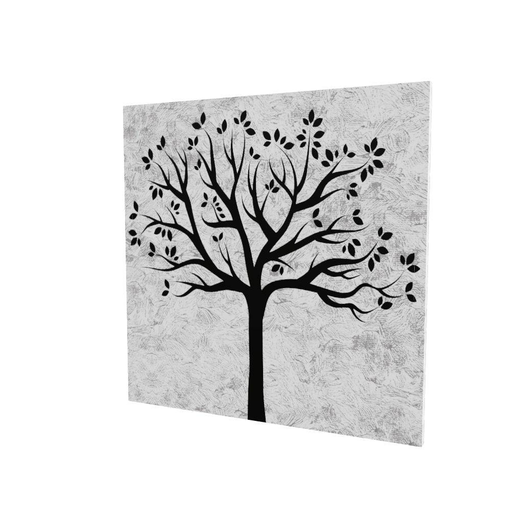 Modello 3D di quadro su tela con albero nero ramificato e foglie su sfondo bianco/argento texturizzato