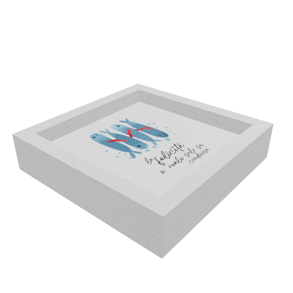 Modello 3D di uno svuotatasche con illustrazione di sardine a forma di cuore e citazione italiana sulla felicità. Idea regalo per l'arredamento casa. 