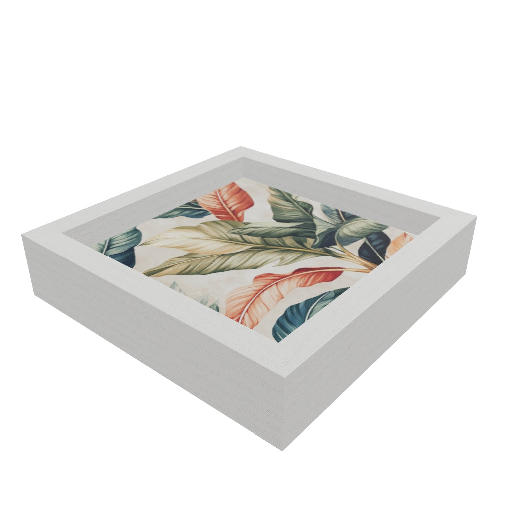 Modello 3D di uno svuotasche bianco con illustrazione botanica di foglie tropicali color corallo, blu e verde. Ideale per l'arredamento dell'ingresso.