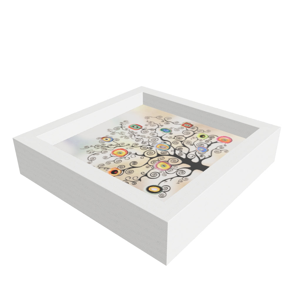 Modello 3D di svuotasche bianco con illustrazione stilizzata dell'albero della vita e cerchi colorati stile Klimt. Design d'interni moderno. 