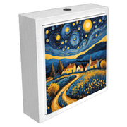 Profumatore ceramica bianco con stelle dorate su sfondo blu delicato, creando un effetto elegante e luminoso che richi'La felicità è reale solo se condivisa'.