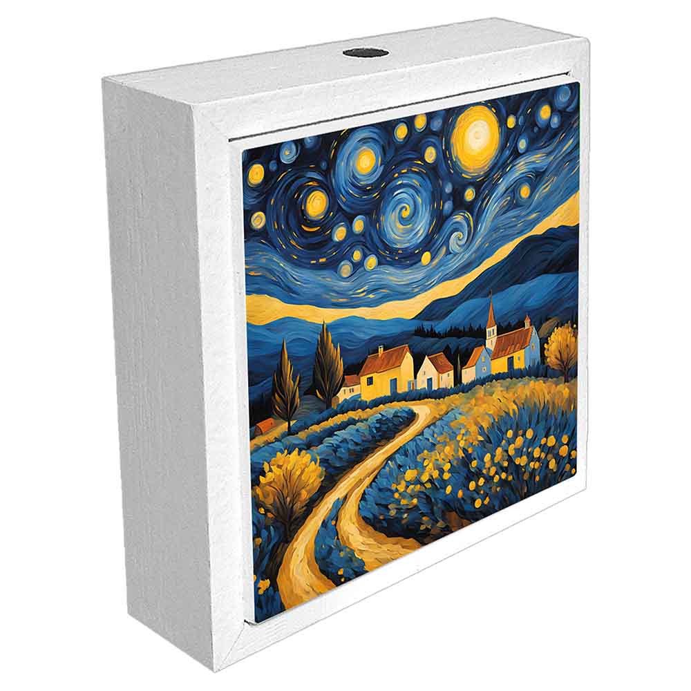 Profumatore ceramica bianco con stelle dorate su sfondo blu delicato, creando un effetto elegante e luminoso che richi'La felicità è reale solo se condivisa'.