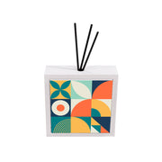 Profumatore ceramica bianco piastrella geometrica Bauhaus, fiore a petali, cerchio, archi e semicerchi in turchese, arancio e navy, reed neri