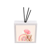 Profumatore ceramica bianco bomboniera battesimo bimba, orsetto marrone fiocco rosa, arcobaleno rosa e giallo con cuori, palloncini rosa, reed neri