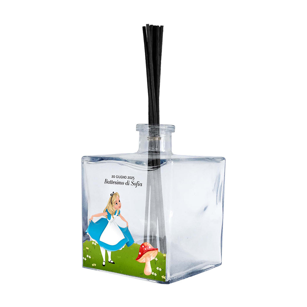 Profumatore ambiente in vetro trasparente quadrato personalizzato battesimo, decoro Alice nel Paese delle Meraviglie con fungo rosso, reed neri