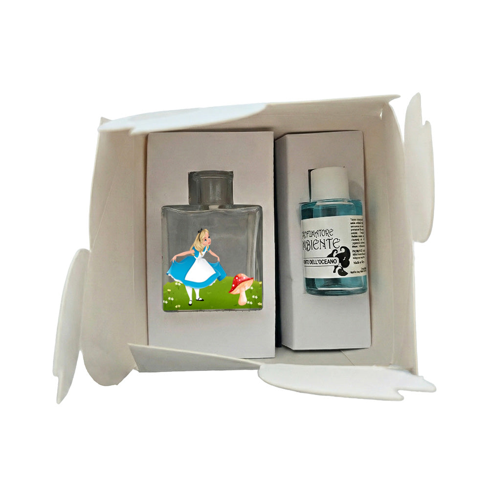 Kit profumatore vetro in scatola bianca, boccetta con Alice e fungo rosso su prato verde, flacone fragranza Vento dell'Oceano azzurro incluso