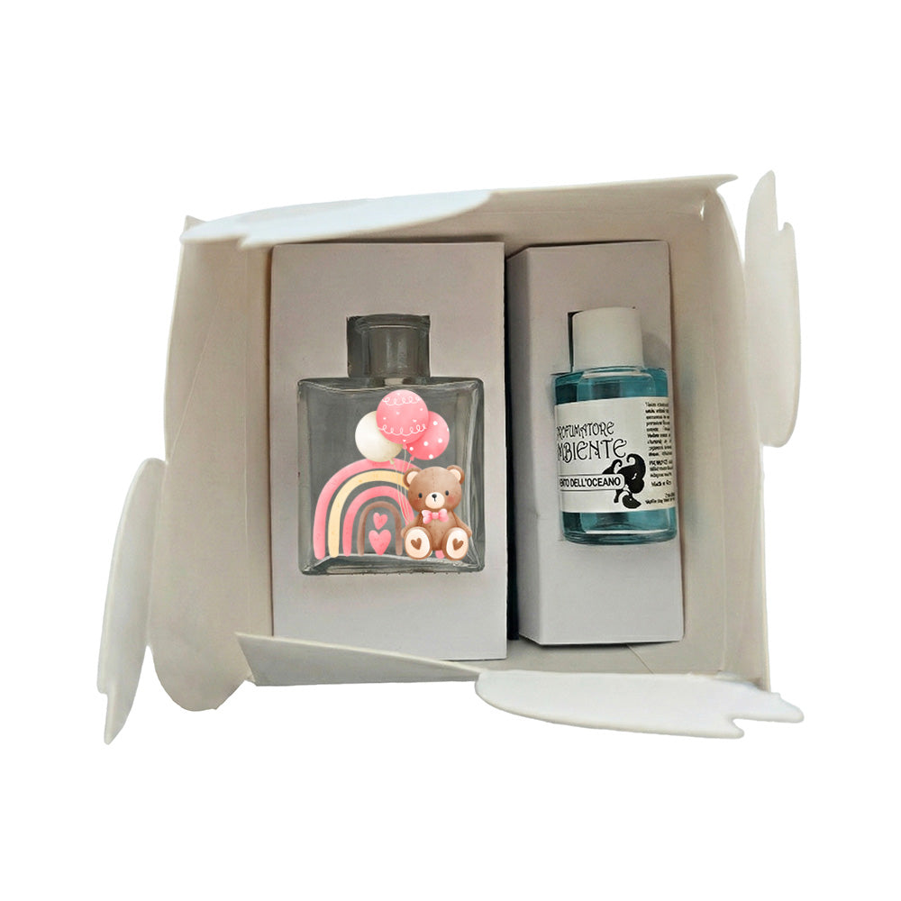 Kit profumatore vetro in scatola bianca, flacone decorato con orsetto marrone, arcobaleno rosa e palloncini fucsia, fragranza Vento dell'Oceano azzurro incluso