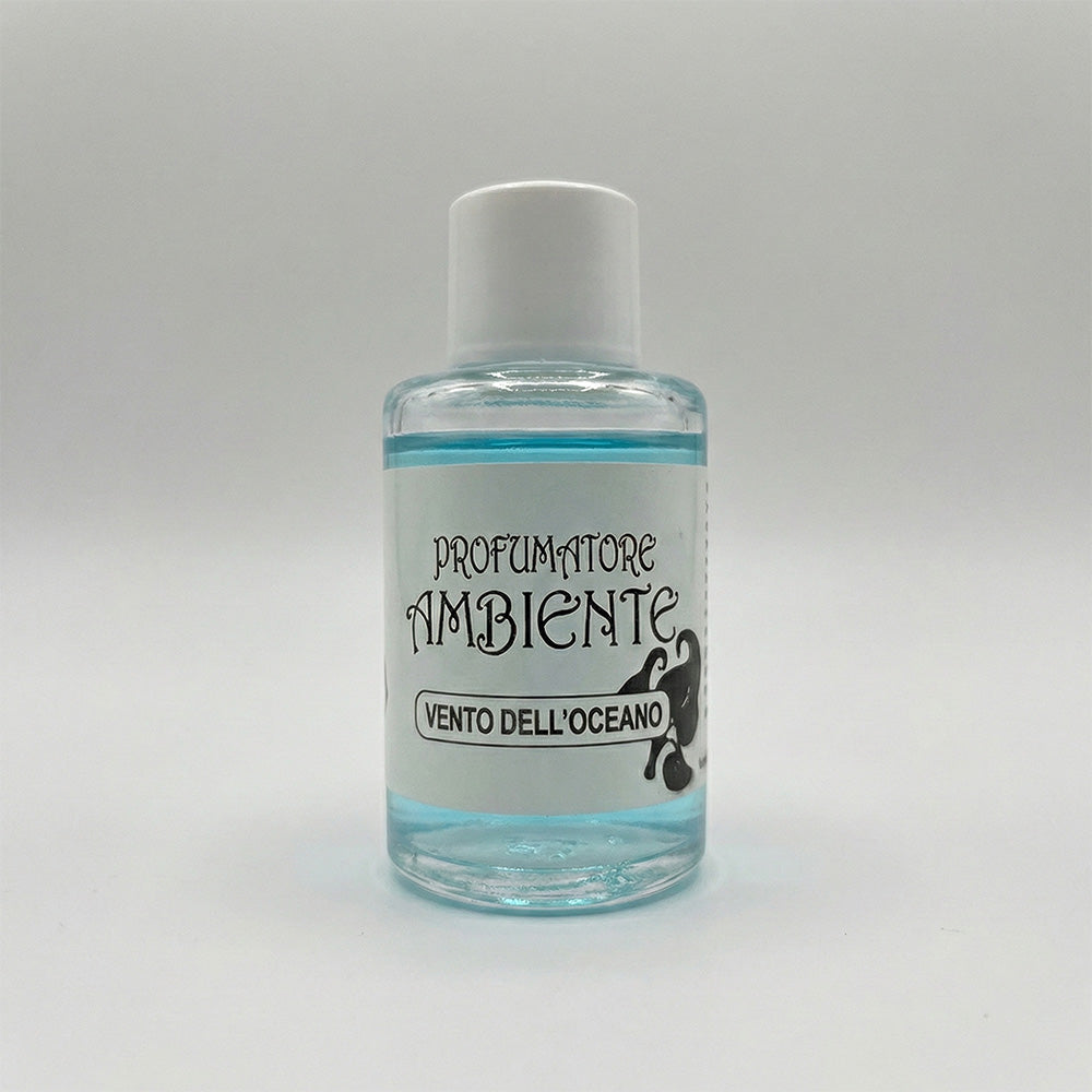 Boccetta profumatore per ambienti fragranza Vento dell'Oceano, liquido azzurro in flacone trasparente con tappo bianco, etichetta bianca con logo decorativo