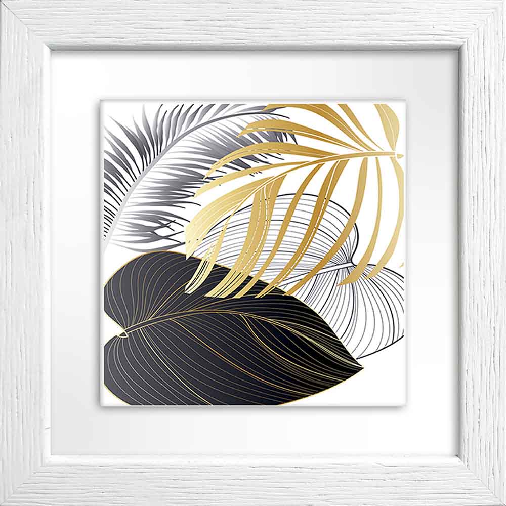 Quadretto in ceramica bianco con decoro foglie stilizzate argentate, effetto lucido e stile moderno ed elegante.