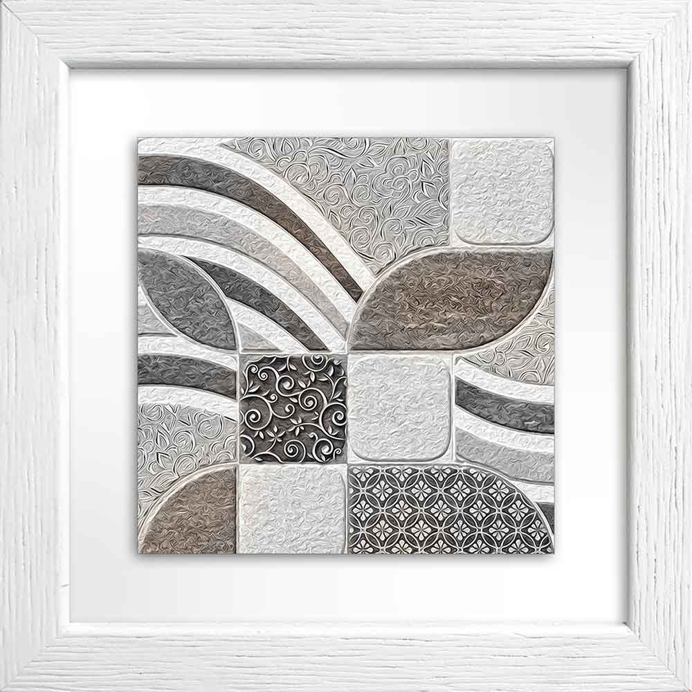 Quadretto in ceramica bianco con foglie astratte su sfondo a piastrelle, design minimalista e giochi di ombre e rilievi.