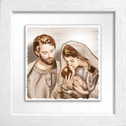 Quadretto in ceramica bianco raffigurante la Natività, personaggi stilizzati in rilievo su fondo chiaro essenziale.