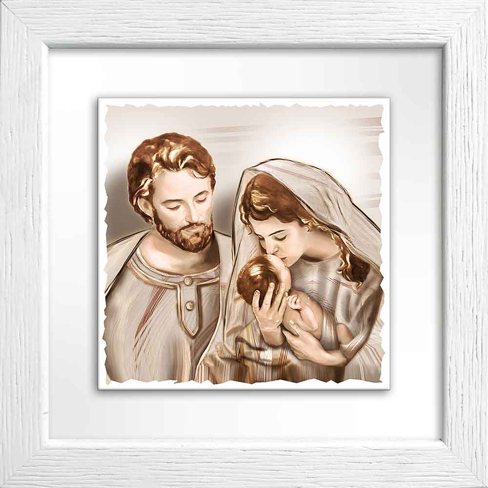 Quadretto in ceramica bianco raffigurante la Natività, personaggi stilizzati in rilievo su fondo chiaro essenziale.