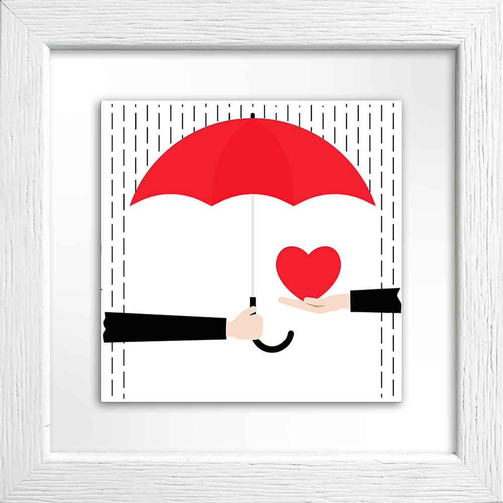 Quadretto in ceramica bianco con coppia sotto un ombrello, scena romantica stilizzata con tocchi di rosso.