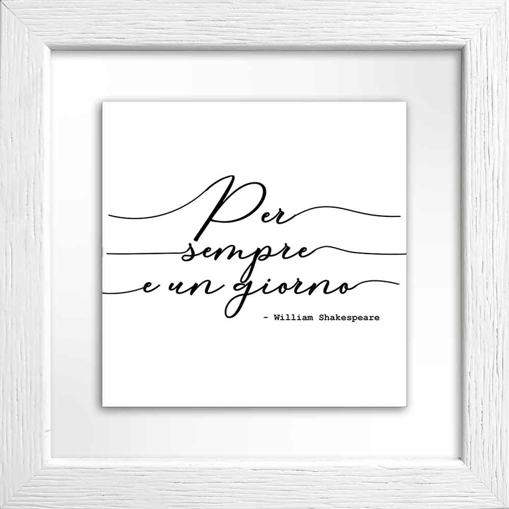 Quadretto in ceramica bianco con coppia abbracciata e scritta “per sempre”, stile minimal ed evocativo.