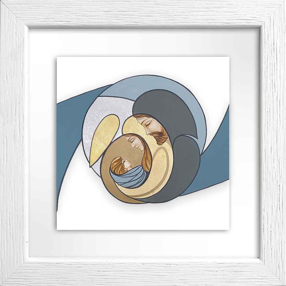 Quadretto in ceramica bianco con Sacra Famiglia dai toni caldi, elementi decorativi colorati e accoglienti.