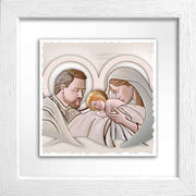 Quadretto in ceramica bianco con Sacra Famiglia stilizzata in rilievo, design pulito e spirituale.