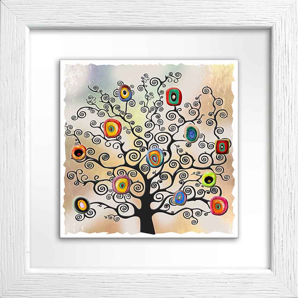 Quadretto in ceramica bianco con doppio albero dai rami intrecciati, chiome a forma di cuore, design armonico.