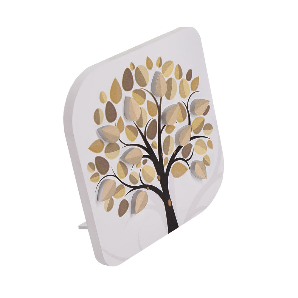 Quadretto in legno con albero nero e foglie beige, oro e tortora in rilievo, posizionato in verticale con supporto sul retro.