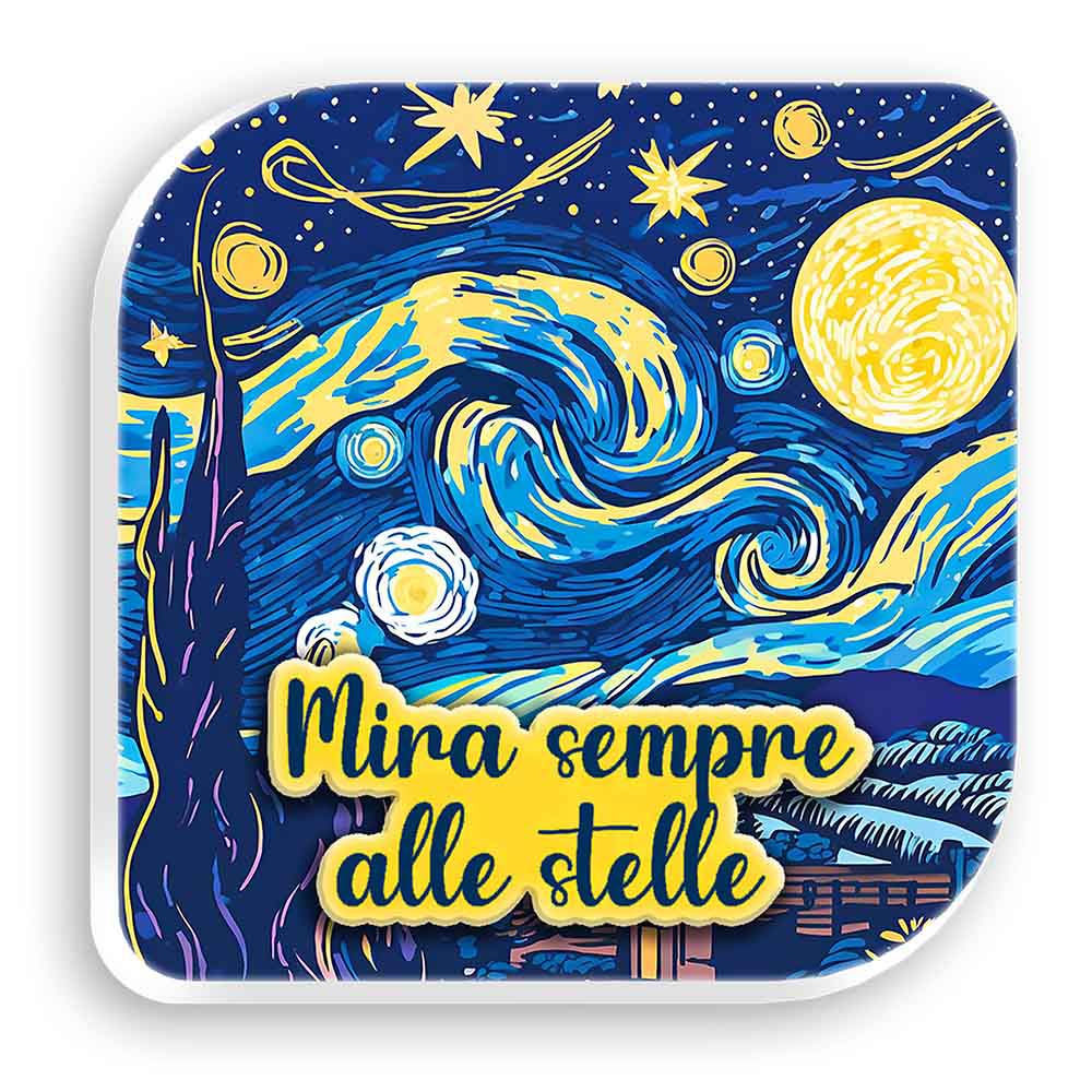 Quadretto in legno con grafica ispirata a “La Notte Stellata” e scritta gialla in rilievo “Mira sempre alle stelle”, su base a sfondo blu notte.