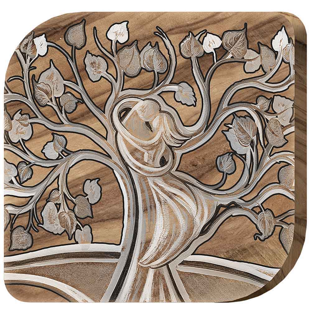 Quadro in legno d’ulivo con albero della vita stilizzato, rami intrecciati a formare una coppia abbracciata. Dettagli in bianco e argento.