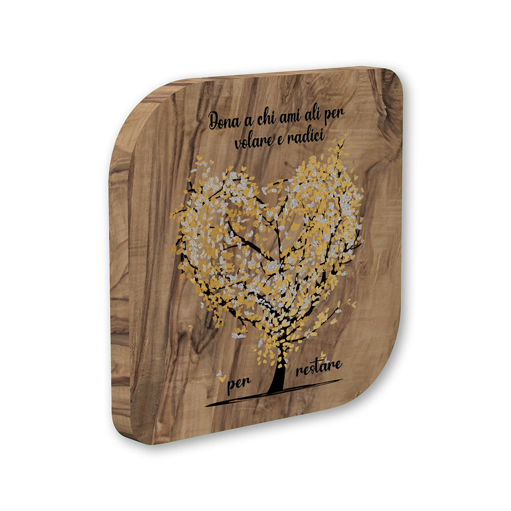 Vista laterale quadretto legno ulivo con albero a forma di cuore con foglie oro e argento, con dedica profonda e commovente